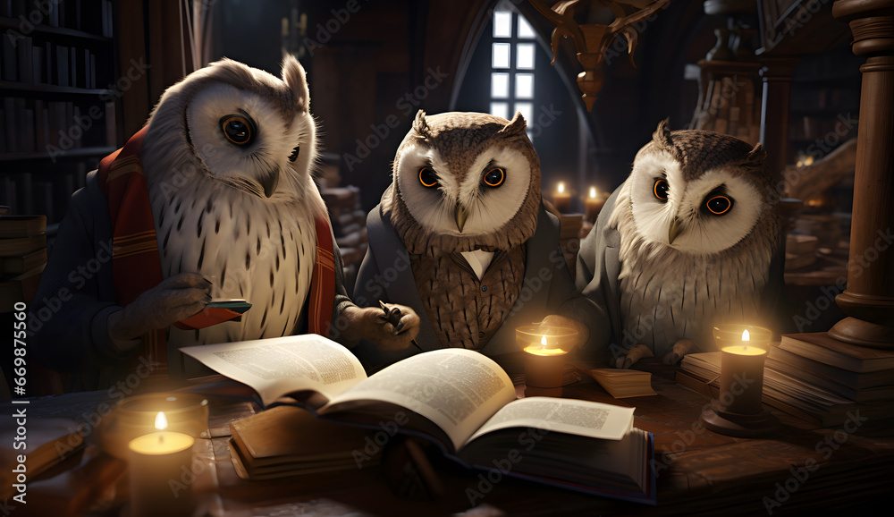 owls reading a book in a library