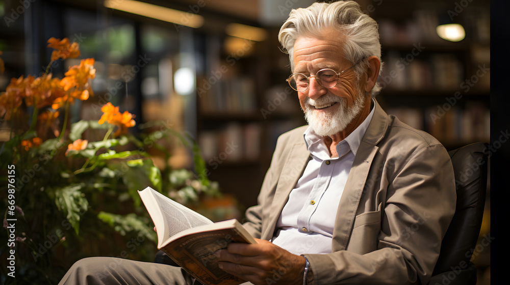 a middle-aged man is reading a book in the library