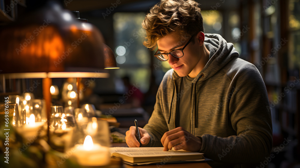 a male student is browsing the selection of books in the library