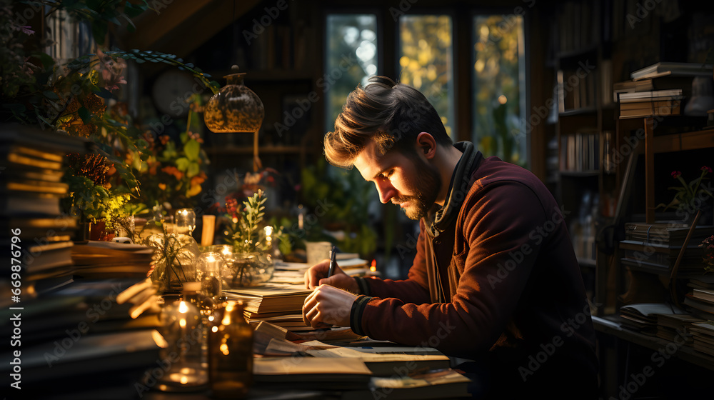 a male student is browsing the selection of books in the library