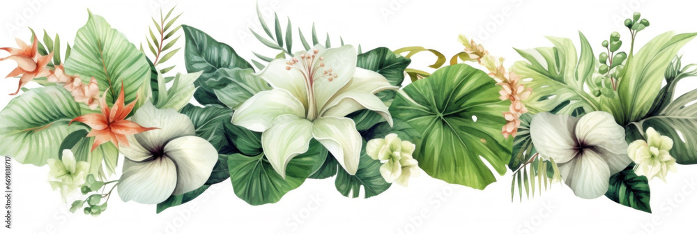 Bouquets greeting or wedding card decoration, Watercolor of Tropical spring floral green leaves and flowers elements.