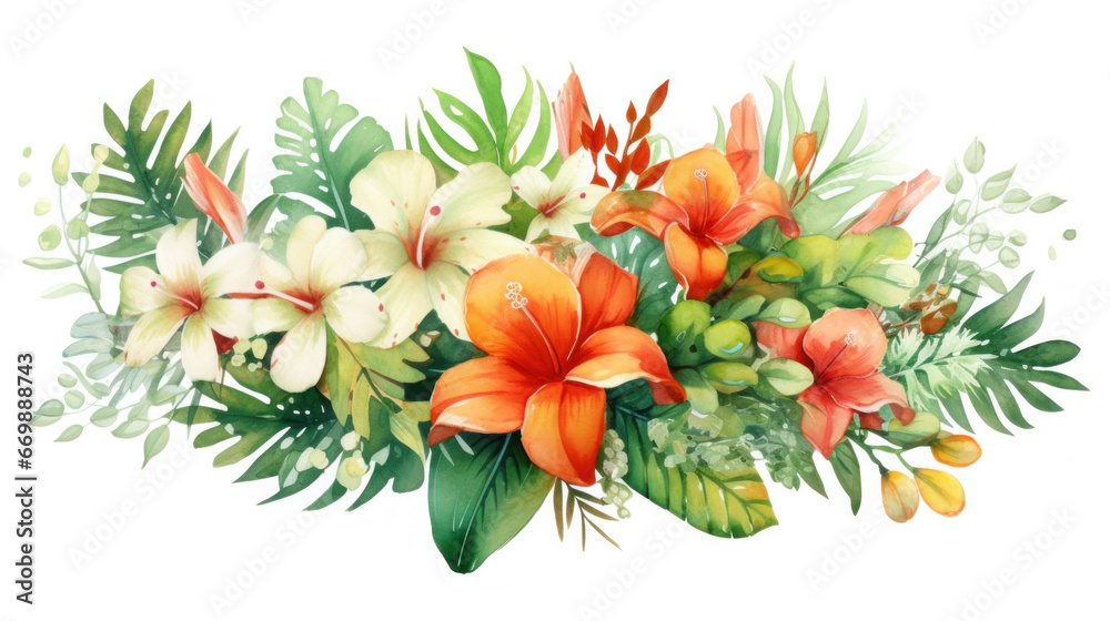 Bouquets greeting or wedding card decoration, Watercolor of Tropical spring floral green leaves and flowers elements.