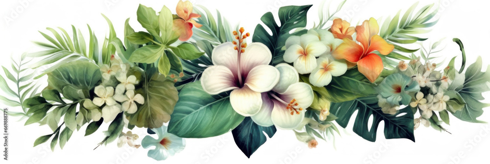 Bouquets greeting or wedding card decoration, Watercolor of Tropical spring floral green leaves and flowers elements.