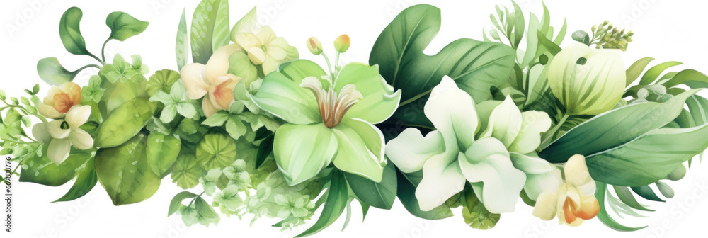 Bouquets greeting or wedding card decoration, Watercolor of Tropical spring floral green leaves and flowers elements.