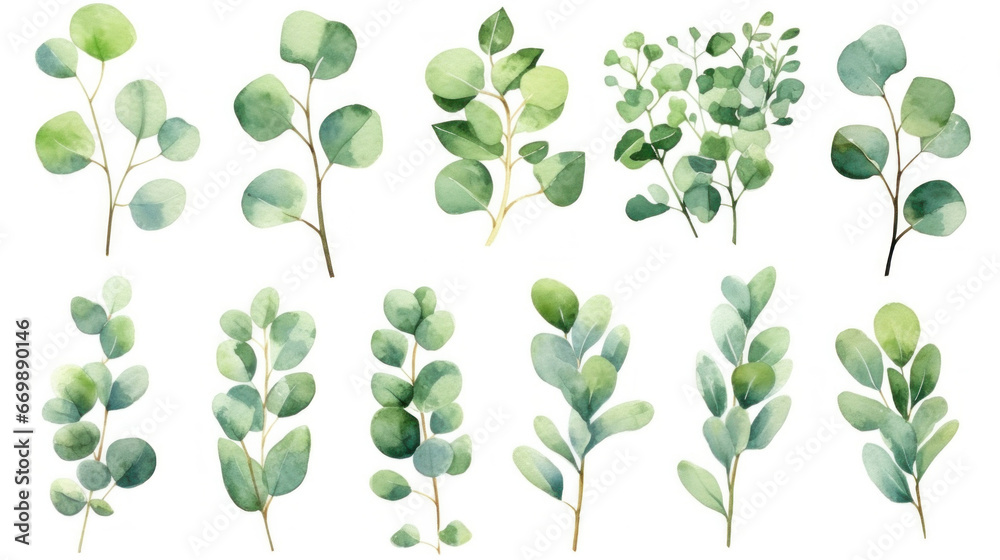 Eucalyptus watercolor set, Green plant collection isolated on white background.