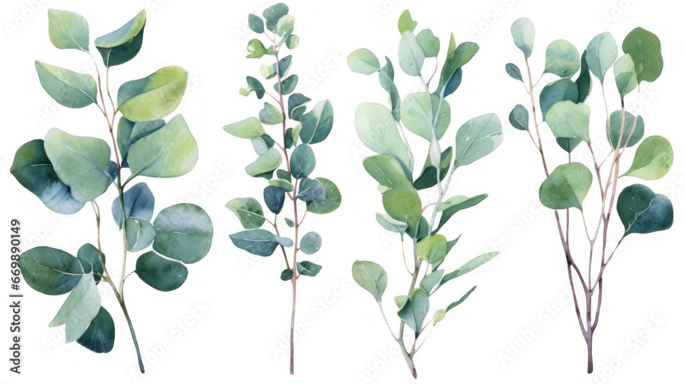 Eucalyptus watercolor set, Green plant collection isolated on white background.