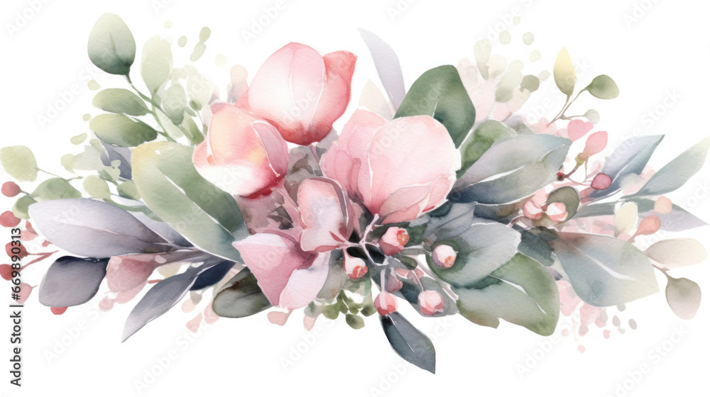 Pink flowers and eucalyptus greenery bouquet. Watercolor of Wedding Invitation.