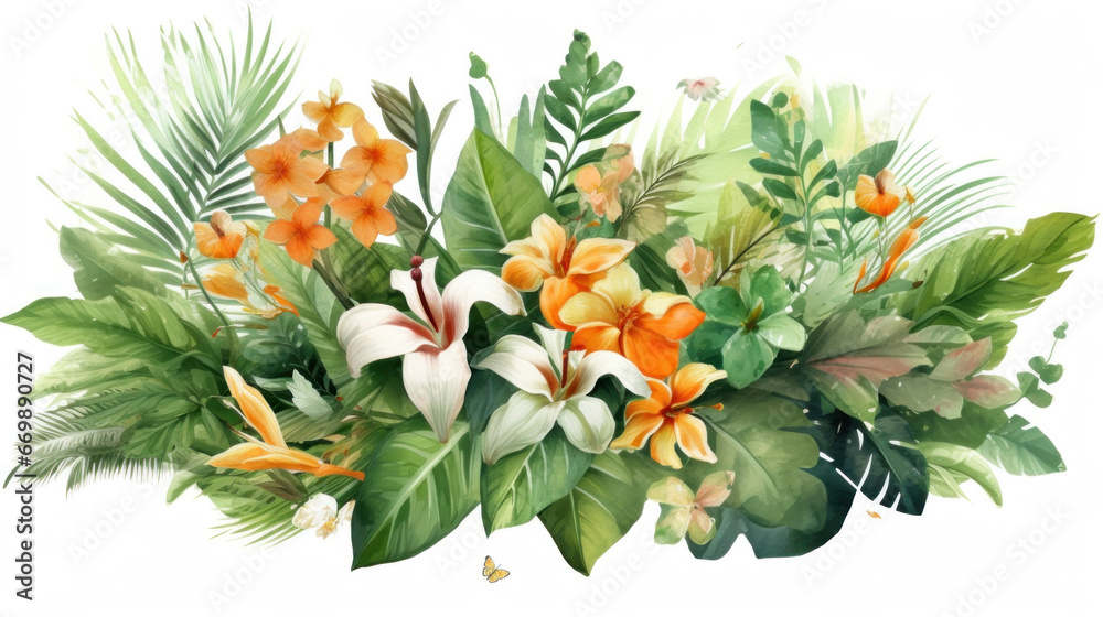 Watercolor of Tropical spring floral green leaves and flowers, bouquets greeting or wedding card decoration.