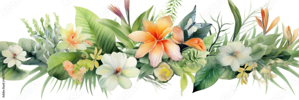 Watercolor of Tropical spring floral green leaves and flowers, bouquets greeting or wedding card decoration.