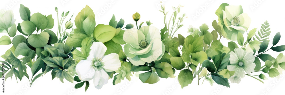 Watercolor of Tropical spring floral green leaves and flowers, bouquets greeting or wedding card decoration.