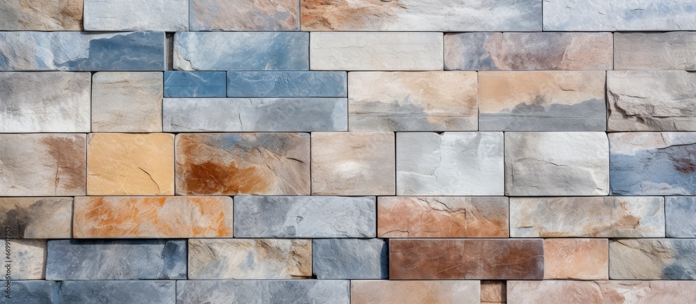 Photograph of multi colored stone layers on a marble wall up close Creative wallpaper style photography