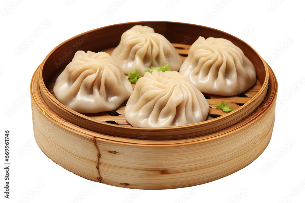 Delightful Plate of Steaming Xiao Long Bao on transparent background.