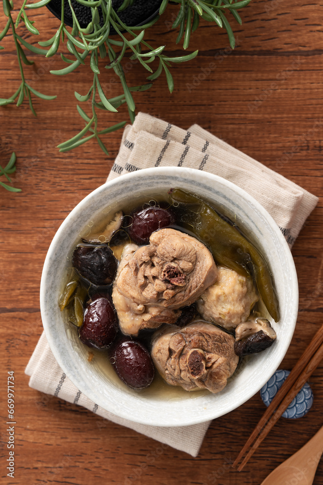 Delicious Taiwanese peeled green chili pepper chicken soup with mushroom