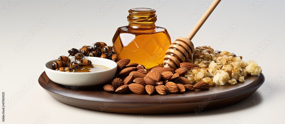 Assorted nuts arranged on circular stone tray with honey pot and dipper