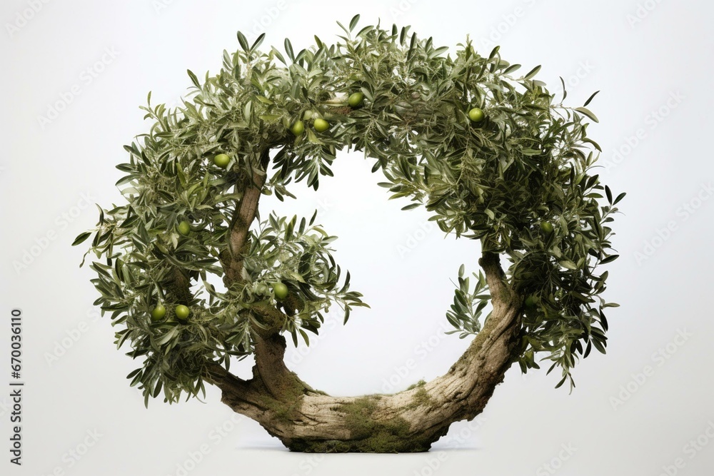 A sizable circular olive with foliage against a plain backdrop. Generative AI