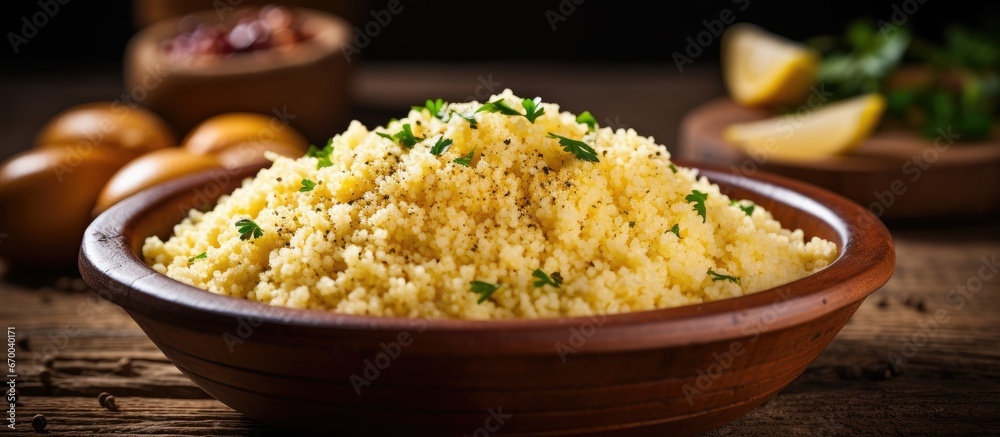 Brazilian traditional dish Cuscuz Brasileiro on wooden background with empty space