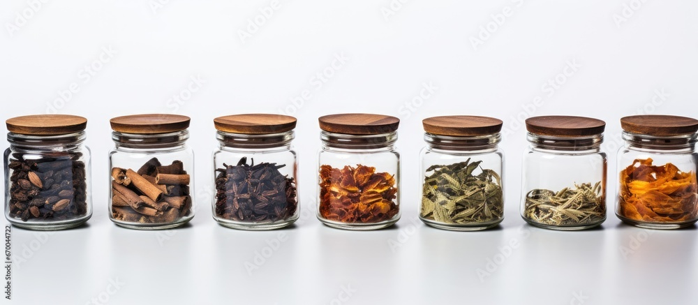 Tea supplies glass jar with dried tea empty cups