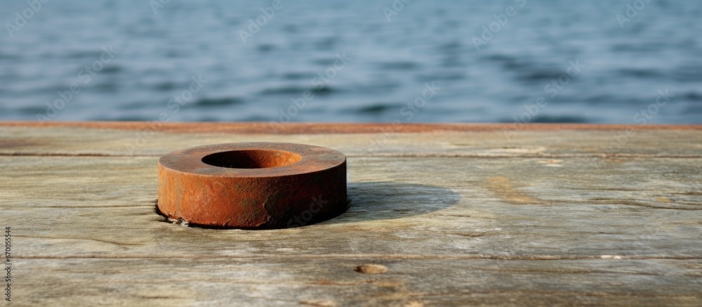 A corroded metal band on a dock