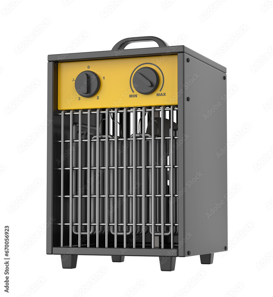 Black industrial electric fan heater on transparent background