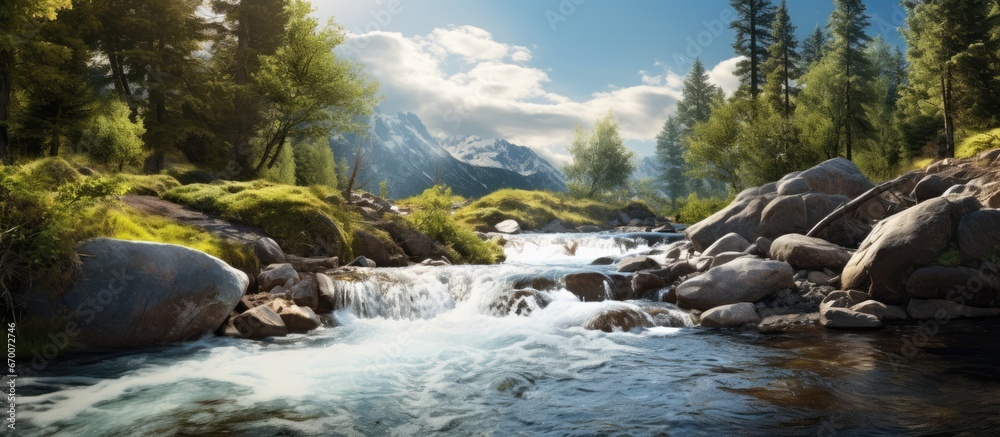 The cascading waterfall in the mountain stream