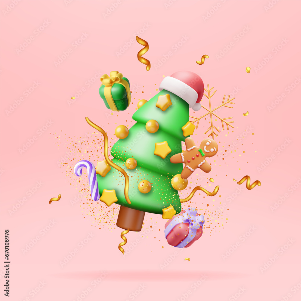 3D Christmas Tree Decorated with Gift Boxes, Colorful Balls, Garland Lights, Golden Star. Render Spruce, Evergreen Tree. Greeting Card, Festive Poster, Party Invitations. New Year. Vector Illustration