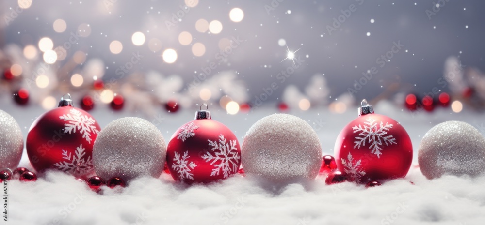 Christmas background with decorations on snow and snowflake