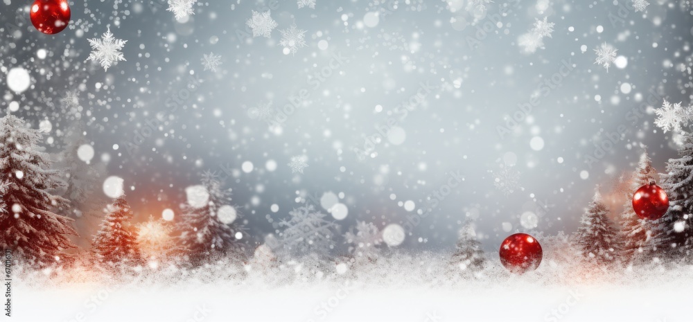 Christmas background with decorations on snow and snowflake