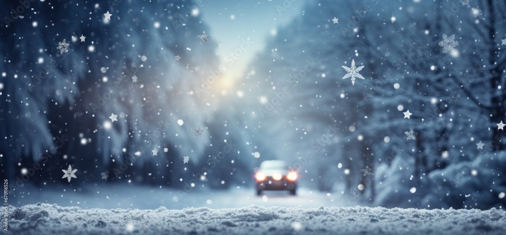 Christmas background with decorations on snow and snowflake