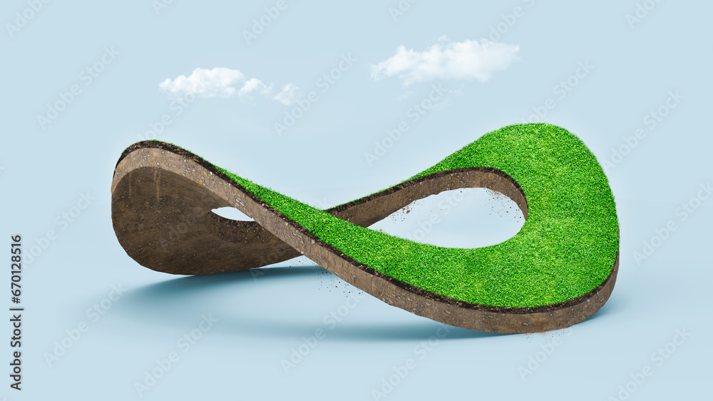 3d illustration of infinity environment concept. infinite earth land with green grass isolated. Eco and circular economy concept. Earth land with green grass isolated on blue background.