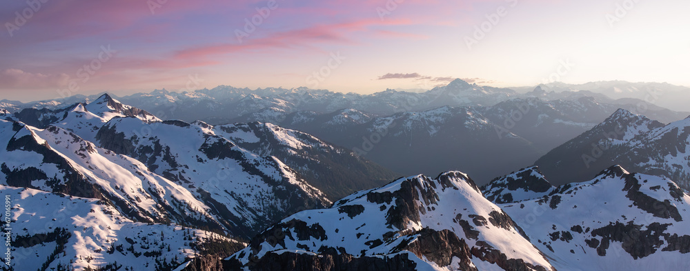 Canadian Mountain Landscape. Aerial Panoramic View. Sunny Sunset.