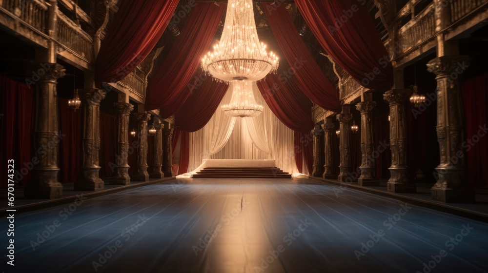 A lavish runway, Adorned with velvet curtains and vintage chandeliers.