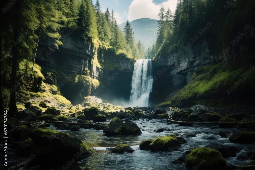 a waterfall in the middle of a forest.