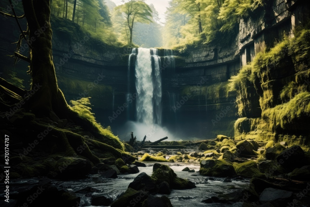 a waterfall in the middle of a forest.