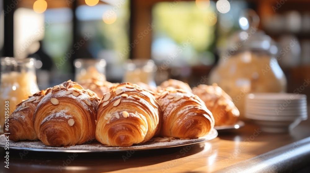 Baguette bread bun donuts croissants at small cozy coffee shop.