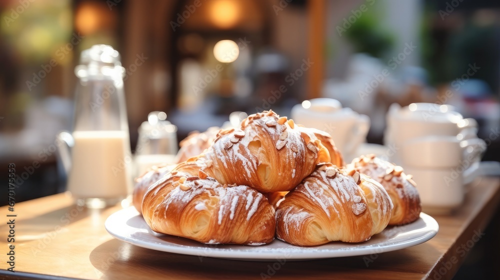 Baguette bread bun donuts croissants at small cozy coffee shop.