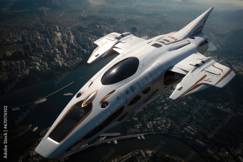 White spaceship flying above a city, Aerial high view.