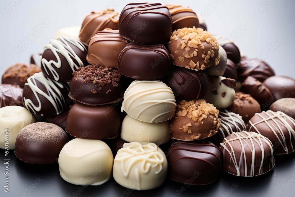 Many different types of Chocolates on white background.