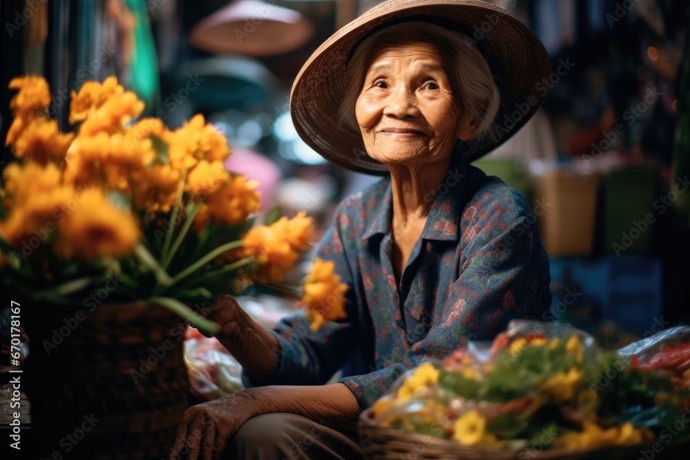 Old lady on the flower market of Hanoi.