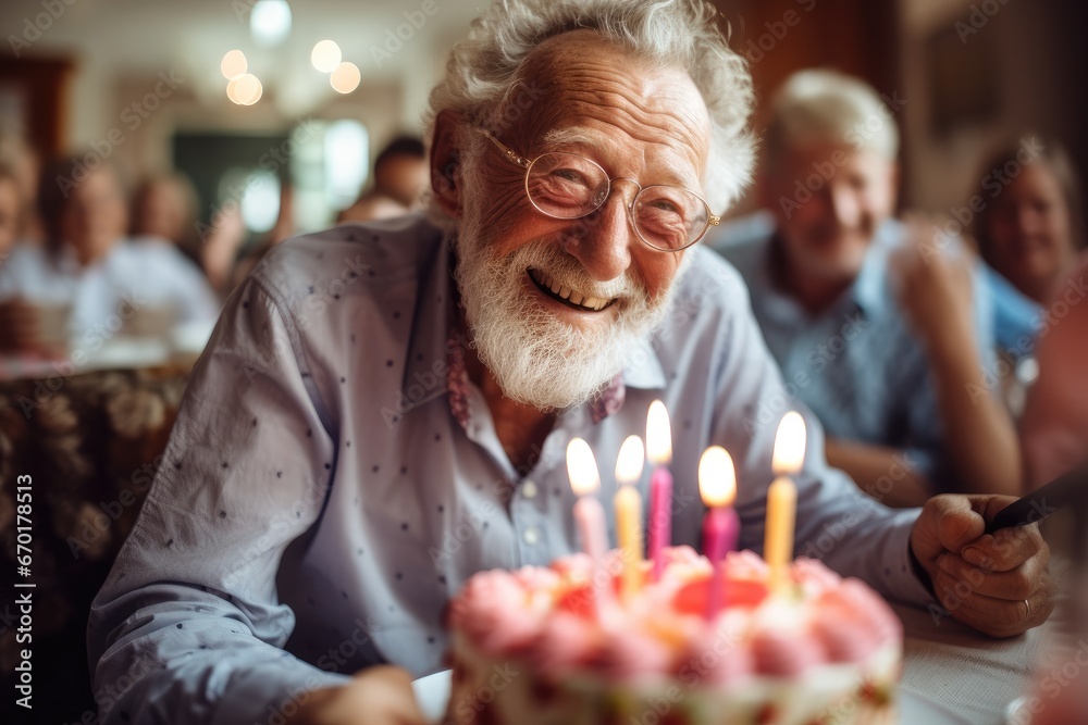 Portrait of elderly man enjoying a slice of birthday cake.