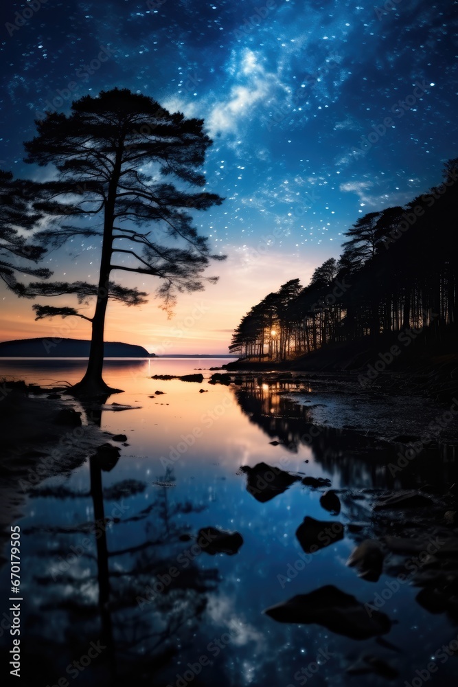 Silhouette of trees near body of water during night time.