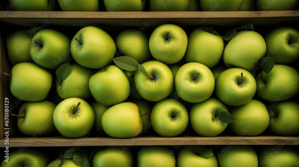 Top view of wooden crates with ripe green apples.