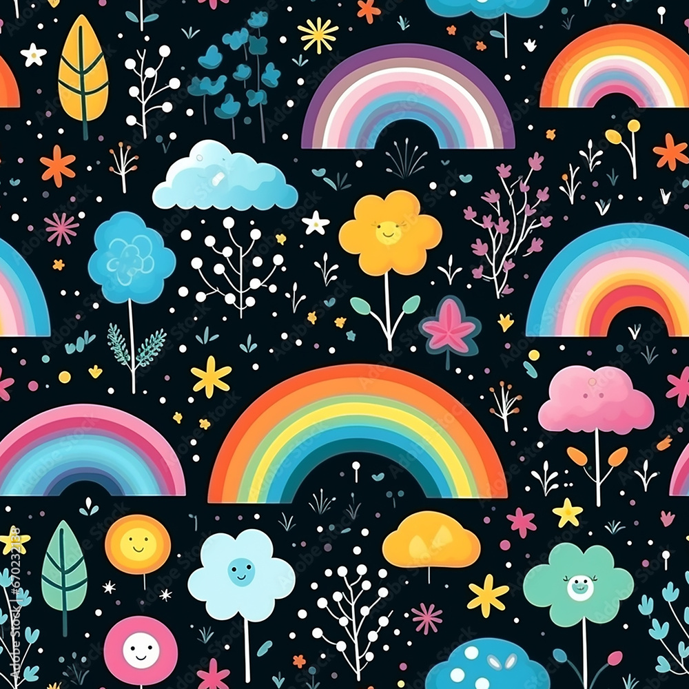 Childish seamless pattern background with colorful rainbows