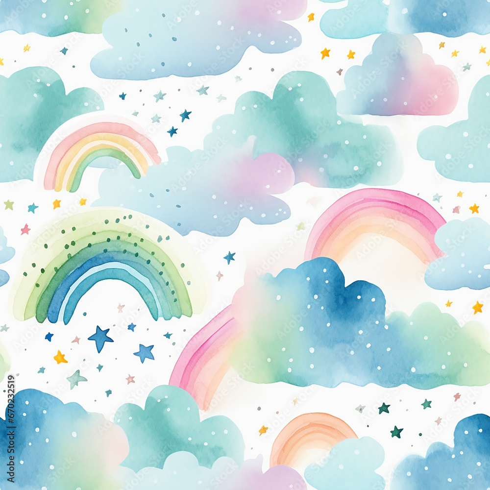 Childish seamless pattern background with colorful rainbows