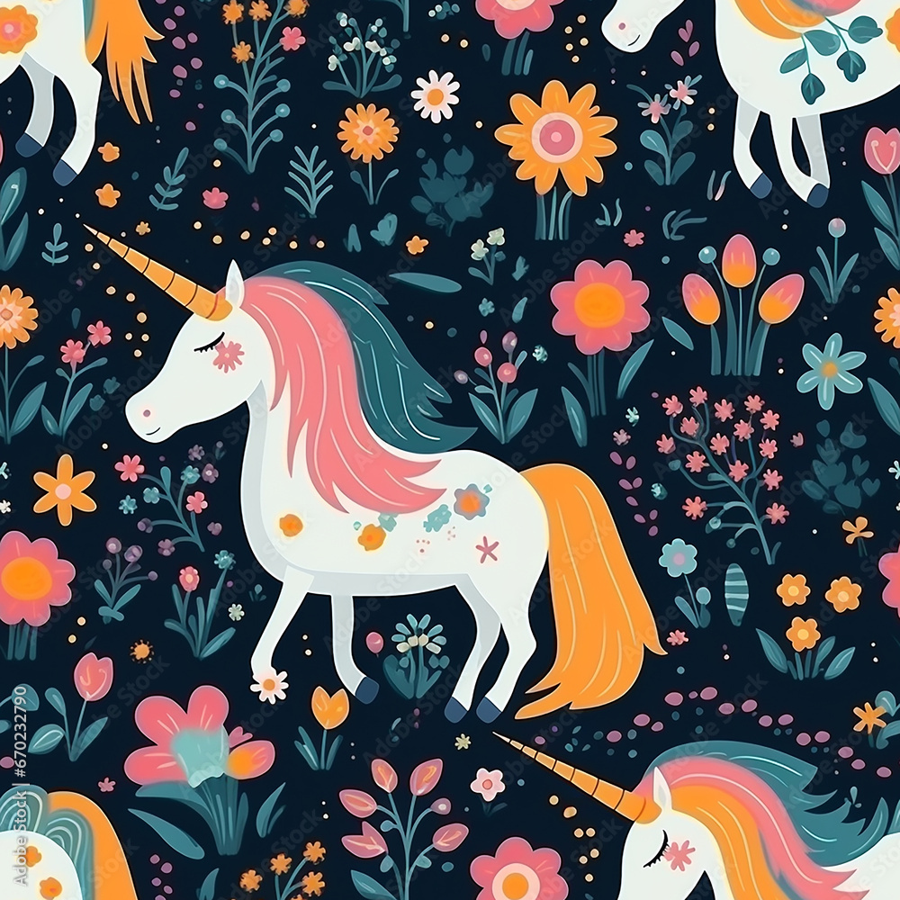 Childish seamless pattern background with colorful unicorns