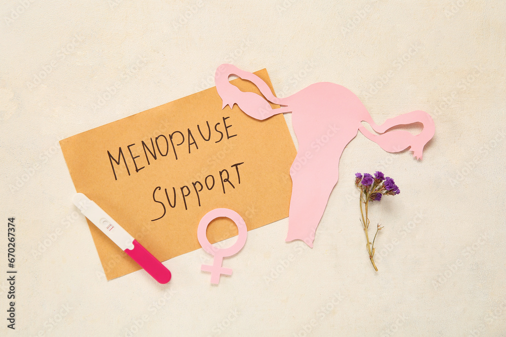 Paper with text MENOPAUSE SUPPORT, uterus, pregnancy test, symbol and flowers on white background