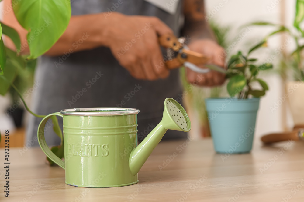 Watering can on table in flower shop, closeup