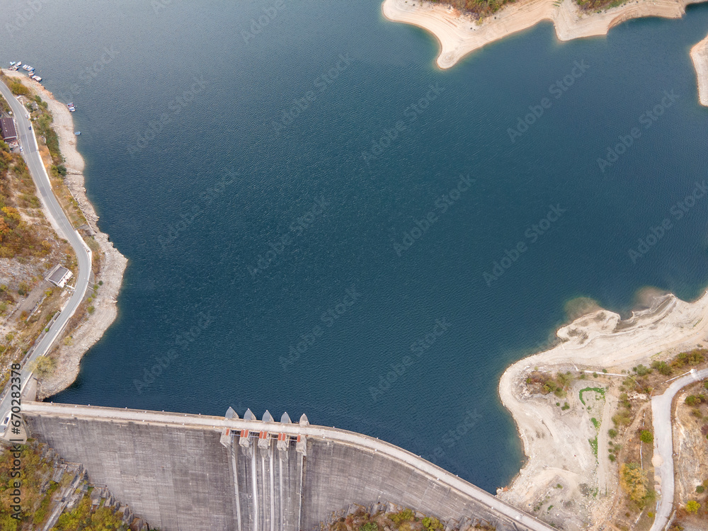 Aerial view of Vacha Reservoir, Rhodope Mountains, Bulgaria