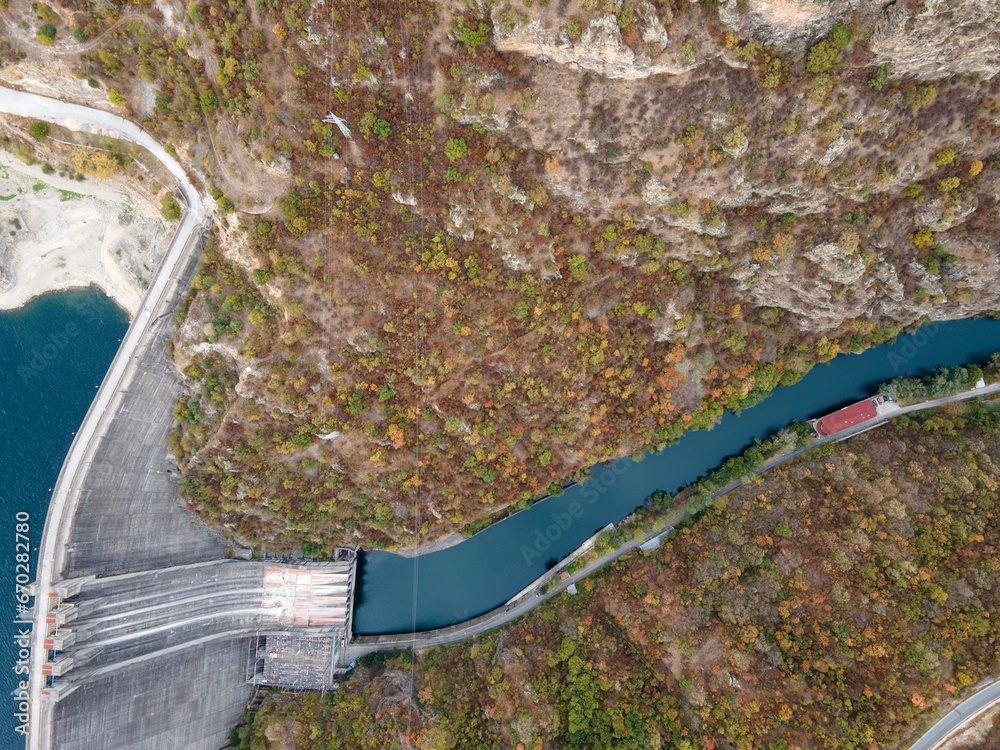 Aerial view of Vacha Reservoir, Rhodope Mountains, Bulgaria