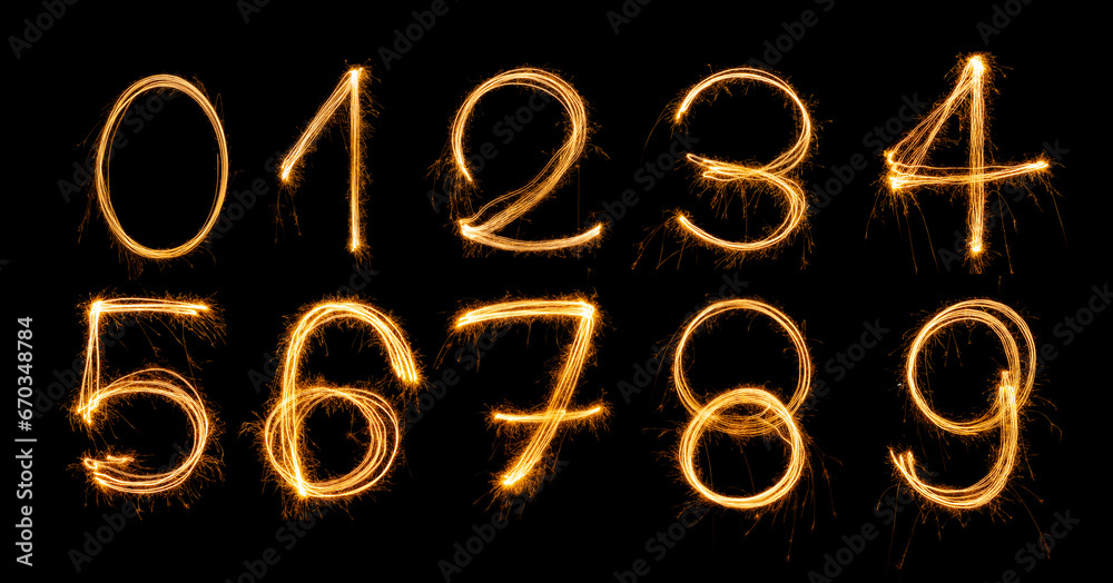 Fireworks numbers 0-9 Burning sparkler Numbers isolated on black background. Sparkler firework light alphabet number zero to nine. Numbers Alphabet of Sparklers to overlay on texture for happy design