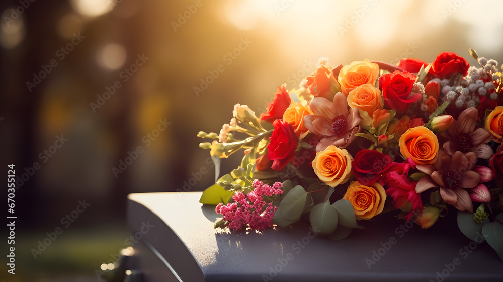 Blurred bouquet of flowers blossoms on a table With copyspace for text